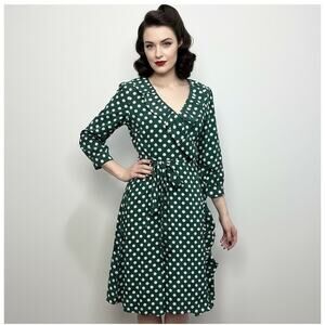 Kate Spade Polka Dot Wrap Dress 6‎ Green Cream Ruffle Silk Retro Classic